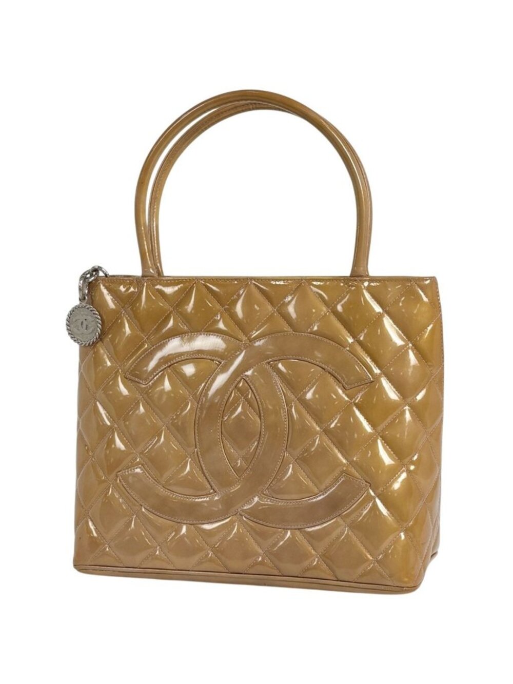 Chanel Medallion Tote Handbag CC Logo Patent Leather Brown Purple